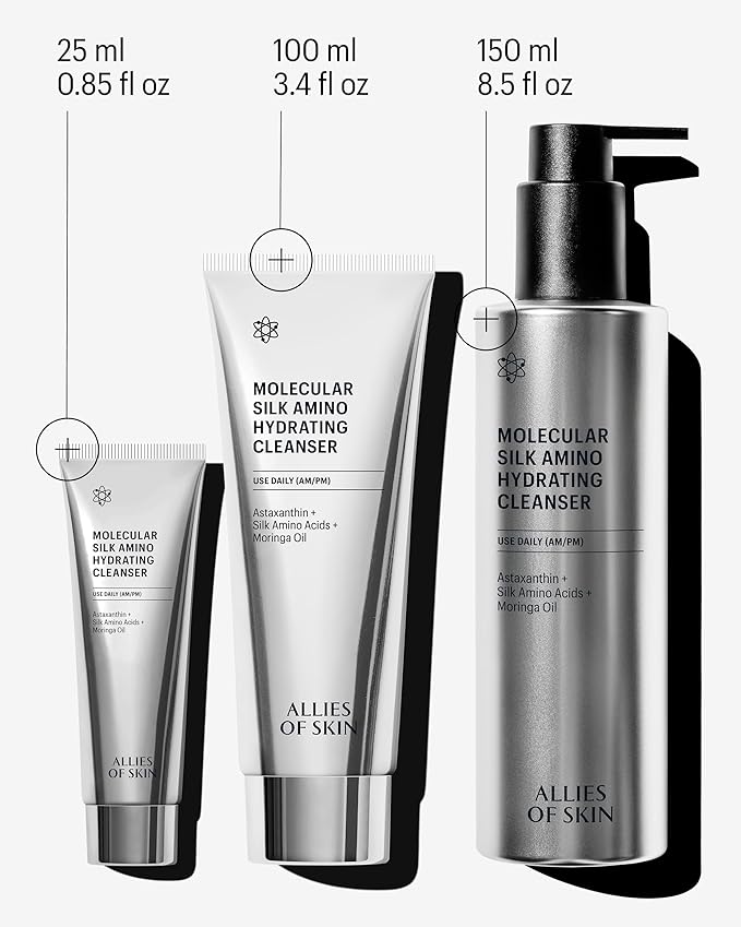 Allies of Skin Molecular Silk Amino Hydrating Cleanser: Hyaluronic Acid, Ceramides, Safflower & Moringa Oils. Nourishes, Conditions & Repairs 100 ml/2.4 oz