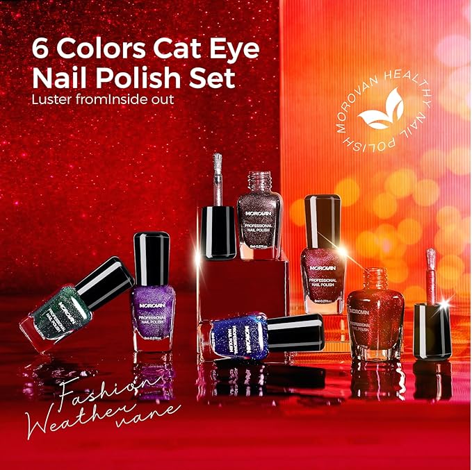 Morovan Magnetic Nail Polish Set:Cat Eye Glitter Red Green Purple Blue Nail Polish Kit Shimmer Quick Dry Nail Kit Bulk for Women Nail Art Manicure Salon Gift Holiday Party