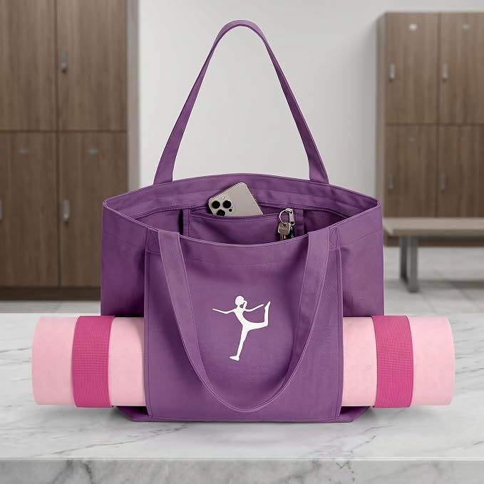 Yoga Bag - Pilates Bag With Mat Holder,for Women Canvas Tote Bag with Yoga Mat Carrier Pocket Large Gym Pilates Bag for Travel Office Beach Workout