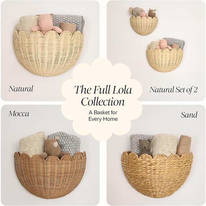 BEBE BASK The Original Scalloped Wicker Wall Basket – Set of 2 (16x10x7 In) | Handwoven Scalloped Wall Baskets, Rattan Wall Hanging Baskets, Wall Storage Basket for Nursery, Living Room Natural