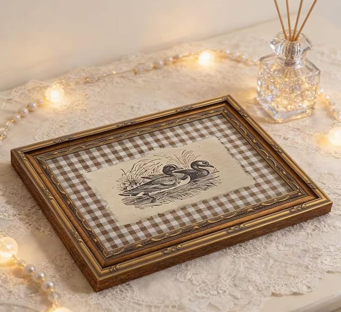 Vintage Gold Framed Wall Art, Brown Gingham Sketch Ducks Canvas Prints, Retro Rustic Farmhouse Animal Picture Wall Decor, Country Cottagecore Goose Poster Artwork for Living Room Bedroom