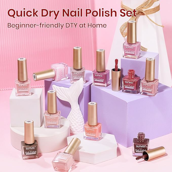 12 Colors Nail Polish Set, Quick Dry Regular Natural Nude Pink Nail polish Non Gel, Atir Fast Drying Fingernail Lacquer for Women Girls Manicure Salon DIY Home