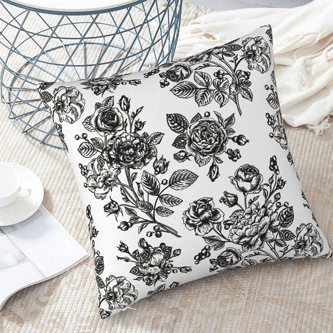Black White Vintage Floral Throw Pillow Covers 18x18 Inches Set of 2 Farmhouse Square Cushion Cases