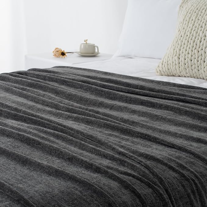 Chenille Throw Blanket for Couch 50" x 60", Dark Grey | Soft Cozy Warm Throws with Fringe Tassel, for Living Room Bed Sofa Chair Cover, Lightweight Knitted Decorative Boho Blankets