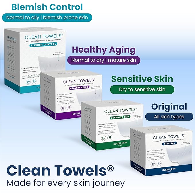 Clean Skin Club Clean Towels® XL Variety 4-Pack Travel Set, Disposable Face Towels, Includes Original, Sensitive, Blemish Control & Healthy Aging, 40 Count Total, 10 Each