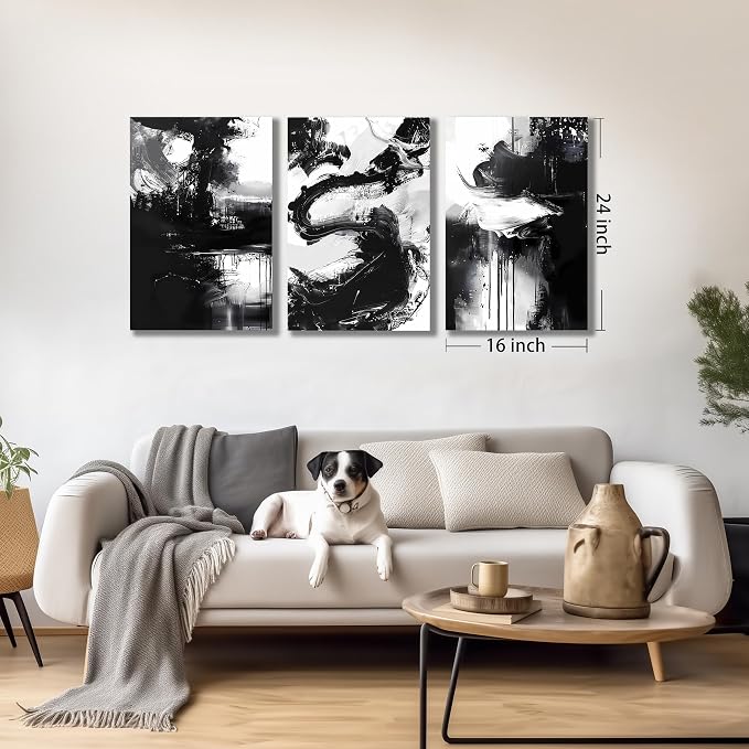DNIEOTU Abstract Canvas Wall Art for Living Room, Black and White Picture Prints Wall-Decor for Bedroom, Size 16 x 24 Inches 3-Piece