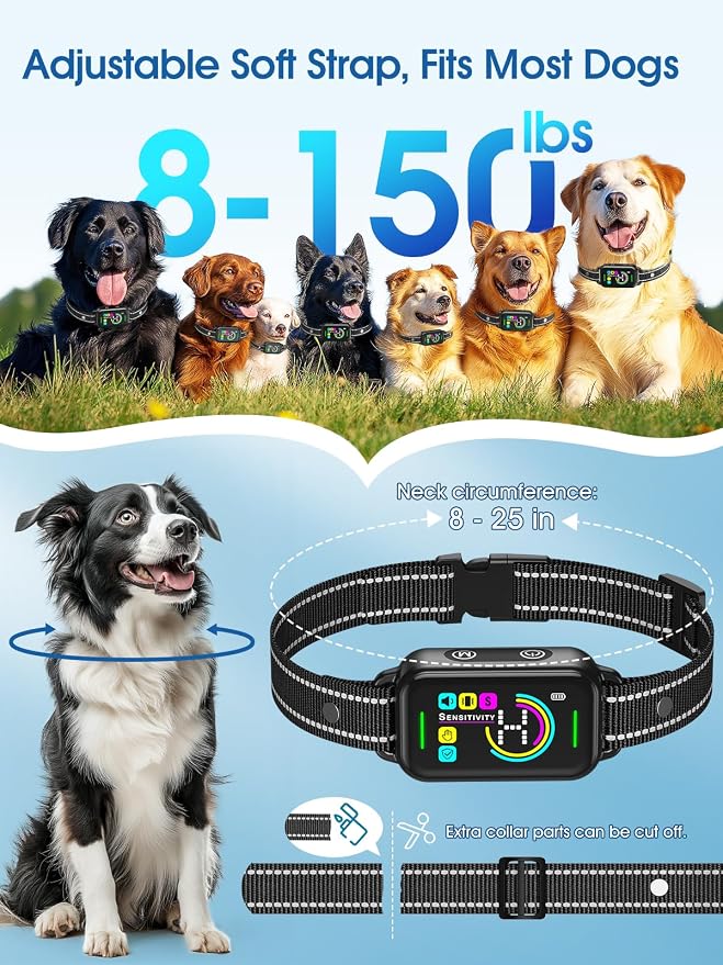 DINJOO Bark Collar for Large Medium Small Dogs - Smart AI 1S Stop Barking, Anti Barking Device & Dog Training Collar with Beep, Vibration & 8-Level Sensitivity, IP67 Waterproof - Pitch Black