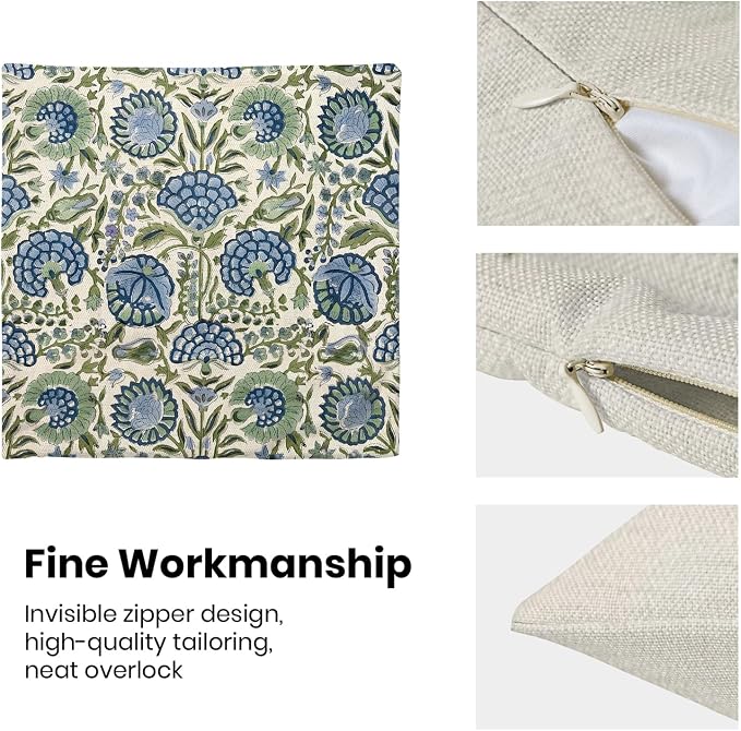 Block Print Pillow Covers 18x18 Inch Pack of 2 Boho Blue Sage Green Floral Decor Throw Pillow Covers Spring Summer Flower Pillowcase Outdoor Farmhouse Decorative Cushion Cover for Couch Sofa