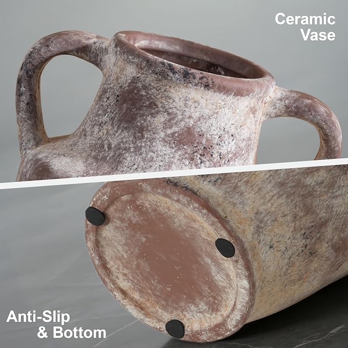 Ceramic Flower Vase with Handles, 8.66 inch Tall Clay Decorative Vases Farmhouse Rustic Vases Pottery Vases for Home Decor Living Room Table Centerpiece Bookshelf Coffee Desk Fireplace, Terracotta