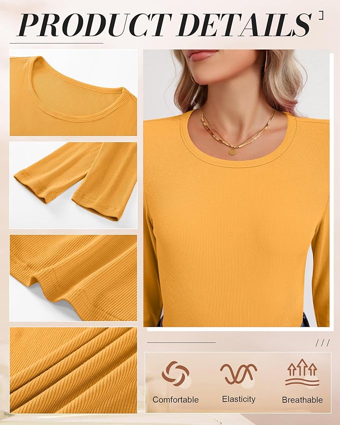 Ficerd 3 Pack Women's Ribbed Long Sleeve Tops, Crew Neck Slim Fit Undershirts Knit Basic Casual Stretch Layering Tee Shirts