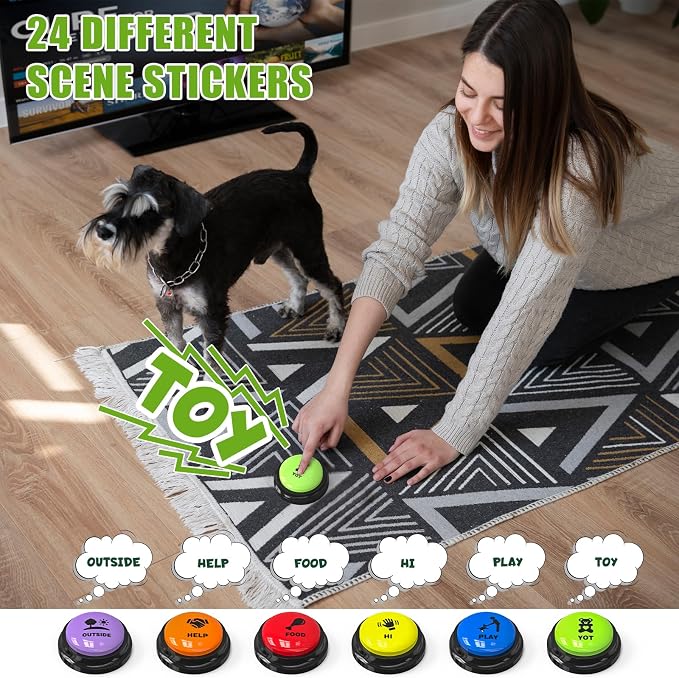 Dog Buttons for Communication, 6 Pack Recordable Talking Buttons for Dog Training with 30 Seconds Voice Recording | Includes Non-Slip Mat & Dog Bath Brush Present Set
