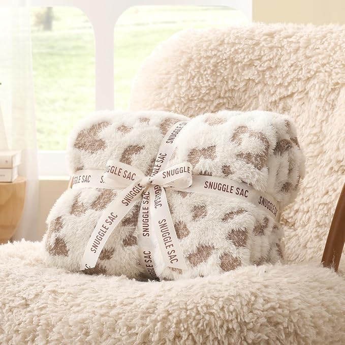 Snuggle Sac Leopard Luxury Faux Fur Throw Blanket for Couch,Ultra Soft Cozy Plush Fluffy Blanket for Sofa Bedroom Living Room,Beige Leopard,50x60 inches