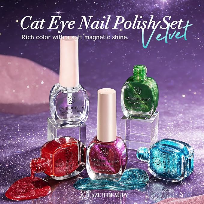 AZUREBEAUTY Cat Eye Magnetic Nail Polish Set, Quick Dry Non-Gel Holographic Fingernail Mooncat Polish with Top Coat, 4 Colors (Red, Purple, Green, Teal), DIY Salon at Home Manicure for Women
