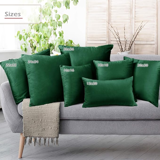 Throw Pillow Inserts Pack of 2 with Velvet Soft Solid Decorative Square Throw Pillow Covers Set for Sofa Couch Car Bedroom, 12X20 Throw Pillows Inserts with 12x18 Washable Cushion Covers, Hunter Green