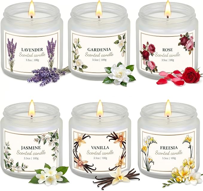 6 Pack Scented Candles for Women – Lavender, Vanilla, Gardenia, Rose, Jasmine, Freesia Floral Scents, 21oz Natural Soy Wax Aromatherapy Candles for Relaxation Stress Relief & Birthday Gifts for Women