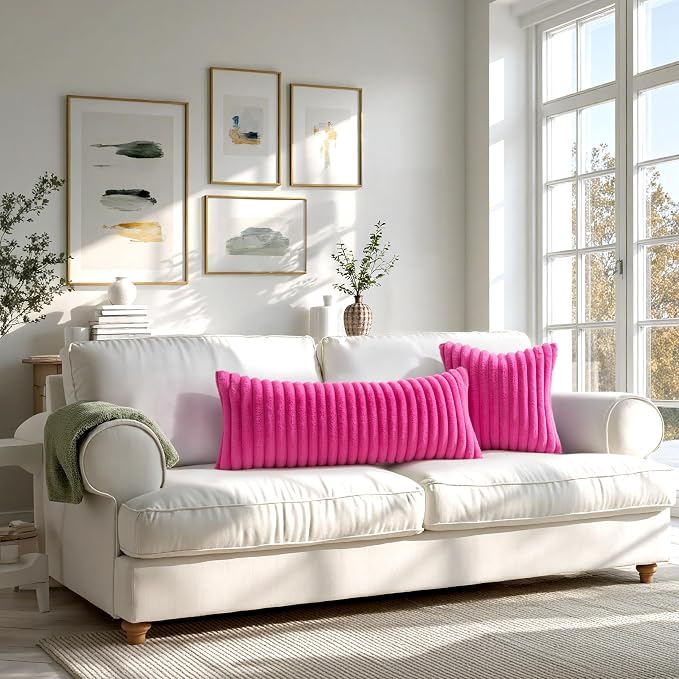 MIULEE Faux Fur Decorative Throw Pillow Covers 20x20 Set of 2 Hot Pink | Retro Vintage Boho Soft Plush Couch Pillows, Cozy Fluffy Cushion Covers for Sofa Bed Living Room Home Decor