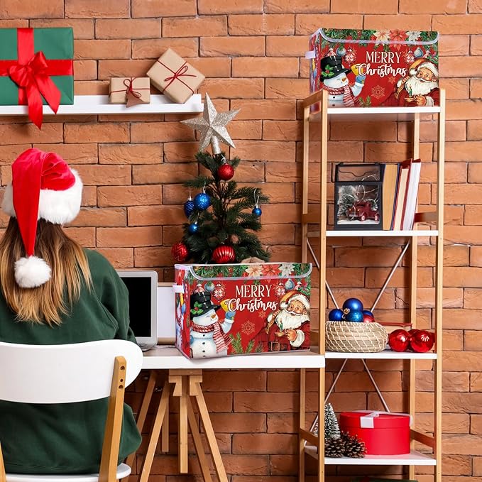 Briwooody Christmas Storage Bin with Lid and Carrying Handle Christmas Foldable Storage Box Large Xmas Decorative Collapsible Container Basket for Organizing Closet Home Bedroom Gift(Santa Claus)