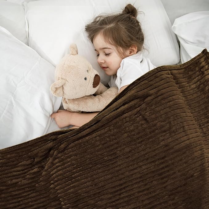 Vessia Flannel Fleece Throw Blanket, 300GSM Cozy Brown Striped Throw for Couch, Sofa and Bed, Warm and Soft Chocolate Microfiber Ribbed Blanket for All Season(50x40inch)