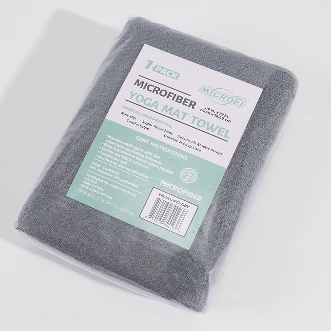 MICROFI Microfiber Hot Yoga Towel Mat, 24 x 72 inches, with Non-Slip Silicone Grip, Secure Fit Elastic Straps (Gray)