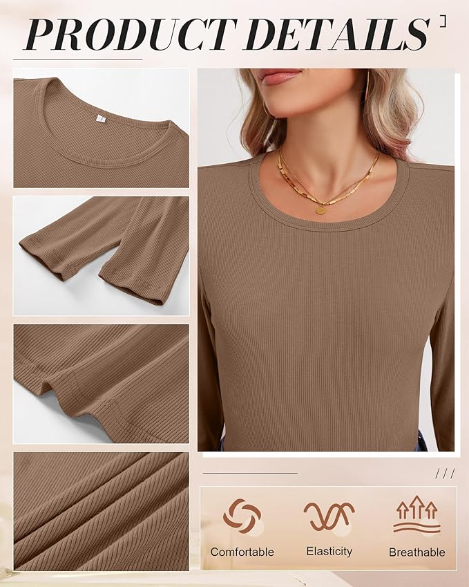 Ficerd 3 Pack Women's Ribbed Long Sleeve Tops, Crew Neck Slim Fit Undershirts Knit Basic Casual Stretch Layering Tee Shirts