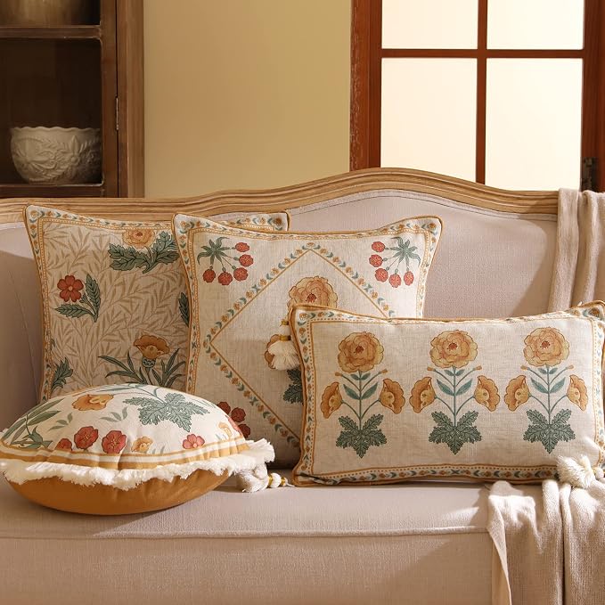 patdrea French Vintage Linen Throw Pillow Cover,18"x18"-RosaSilvestre A | Decorative Pillow Case with Zipper,Yellow Floral Pattern,Cushion Coverfor Couch Living Room Bedroom Sofa