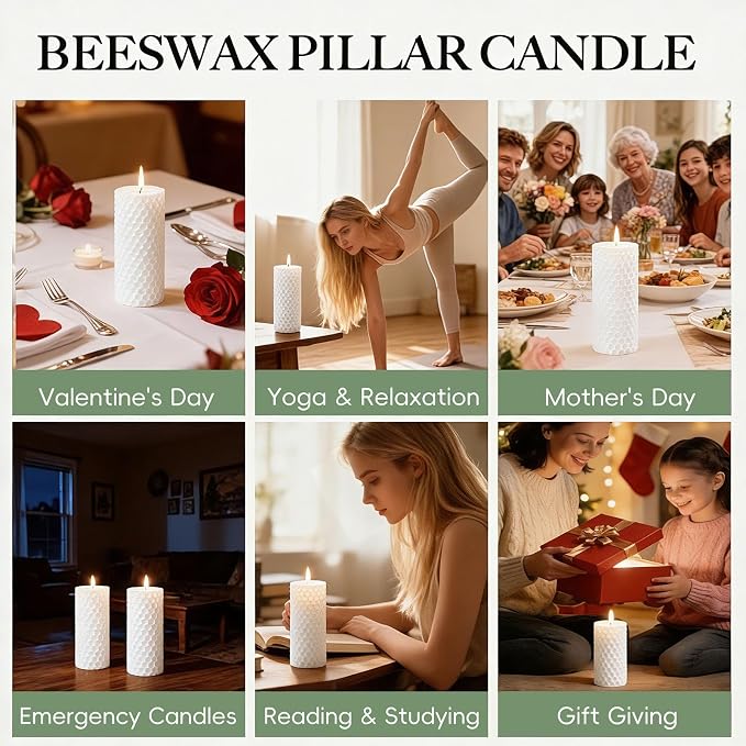 8 Pack Beeswax Pillar Candles, White Natural Beeswax Candles 160 Hours Long Burning for Emergency,Unscented Organic Bees Wax Candle for Home,Prayer,Dripless Smokeless 2x5in