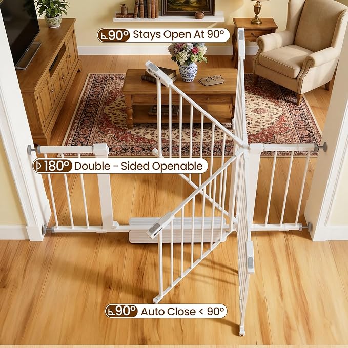 Mumeasy 29.7-48" Baby Gate for Stairs, Pressure Mounted Dog Gate for Doorways, Extra Wide Walk Thru Safety Pet Gate for Doors with Auto Close, Easy Install Child Gate for Hallway Indoor House, White