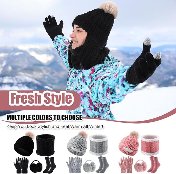 SATINIOR 5 Pcs Winter Hat Scarf Gloves Set Fleece Warm Lined Knit Beanie Hat Touch Screen Earmuff Gloves Warmer for Women(Black,Fresh Style)