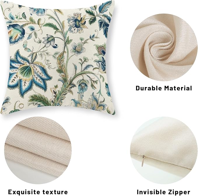 Blue Green Pillow Covers 24x24 Set of 2 Sage Green Chinoiserie Floral Throw Pillows Boho Vintage Flowers Decorative Pillowcase Outdoor Chinoiserie Decor Farmhouse Cushion Case for Couch Sofa