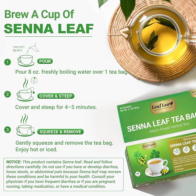 LeafLea Senna Tea Bags, Laxative Tea & Digestive Cleanse, 120 Ct, 3 Boxes | 100% Senna Leaves, Caffeine-Free, Sugar-Free, Gluten-Free, Non-GMO, Vegan, Individually Foil-Wrapped, Family Bulk