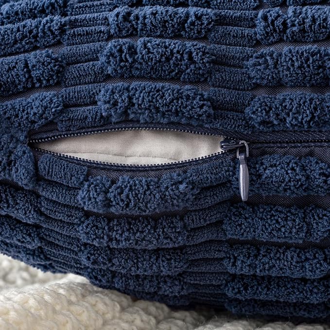 MIULEE Euro Sham Corduroy Decorative Throw Pillow Covers 24x24 Navy Blue | Pack of 2 Soft Boho Striped Pillow Covers Modern Farmhouse Coastal Home Decor For Sofa Living Room Couch Bed