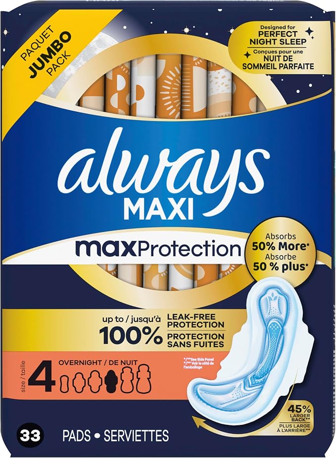Always Maxi Overnight Pads with Wings for Women, Size 4, Overnight Absorbency, Unscented, 33 Count