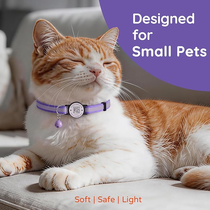 Breakaway Cat Collar QR Code, Reflective Bell, Adjustable Kitten, Purple
