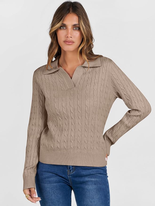 ANRABESS Womens Cable Knit Sweaters Long Sleeve V Neck | Pullover Collared Sweater Tops, Polo Knit Shirts, Business Casual Work, Tennis Golf, Fall Winter Fashion Outfits