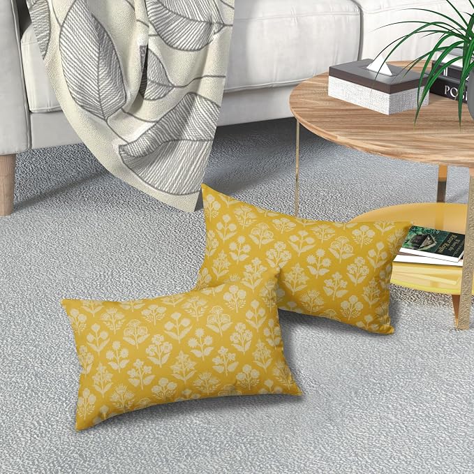 Yellow Pillow Covers 12x20 Inch Set of 2, Cream Floral Block Print Pattern Lumbar Decorative Throw Pillowcases Outdoor Farmhouse Rectangle Cushion Covers Spring Summer Sofa Couch Bed Decor