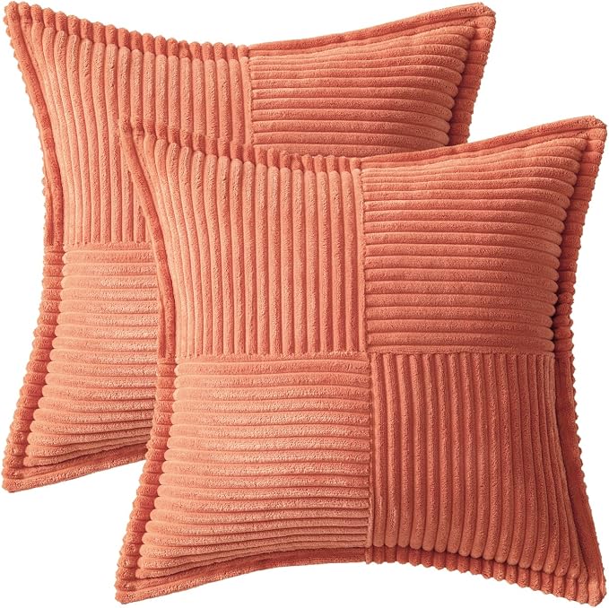 MIULEE Decorative Throw Pillow Covers for Couch 18x18 Inch Coral Red 2 Pack | Boho Broadside Striped Patchwork Pillow Covers, Soft Corduroy Cushion Cases, For Sofa Bed Livingroom Home Decor