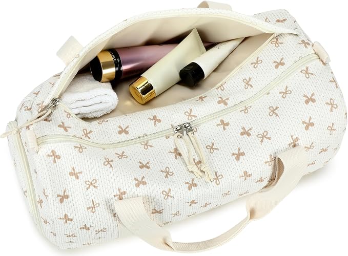 Gym Bag Sports Duffle Bag with Wet Pocket Weekender Overnight Bags with Waterproof Shoe Pouch and Air Hole for Girls Kids Women Workout Travel Bags (Brown Bow - Beige)