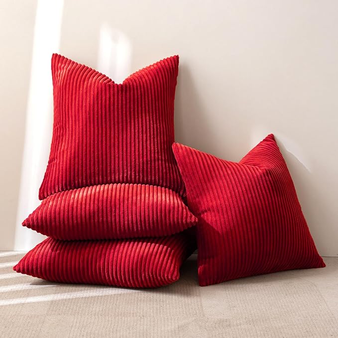 MIULEE Soft Corduroy Decorative Throw Pillow Covers Christmas Red 18x18 | Set of 4, Mordern Nordic Christmas Decor, All Same Color Set, Boho Farmhouse Cushion Covers for Couch Bed Sofa Living Room