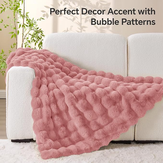 BEDELITE Faux Fur Throw Bubble Blanket for Couch, 50" x 60", Dusty Pink | 870GSM Soft Cozy Plush Blanket for Sofa & Bed Living Room Decor, Warm Fuzzy Faux Rabbit Fur for Women Gift, All Season Use