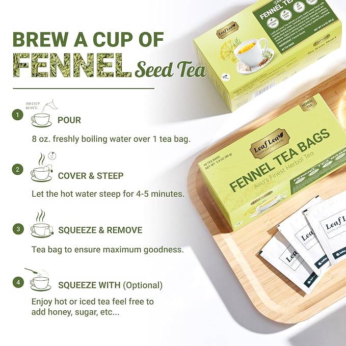 LeafLea Fennel Tea Bags, Pure Fennel Seed Tea, Foil-Wrapped, Caffeine-Free | Single-Ingredient Fennel Seed, Naturally Sweet & Soothing After Meals, 40 Bags, Sugar-Free, Vegan, Non-GMO