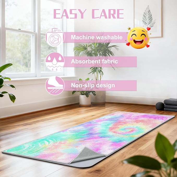 Yoga Mat Towel, Hot Yoga Towel High-Definition Pattern, Machine Washable with Ultra-Absorbent Yoga Towels for Hot Yoga Non Slip for Fitness, Exercise, Pilates, 72 x 27 in,Purple &Green