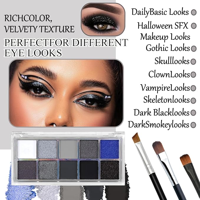 Black Grey Smoky Eyeshadow Palette,15 Colors Matte Shimmer Pigmented Eye Shadow Makeup Palette Set with 3 Eyeshadow Brushes,Glitter Eye Shadow Palette for Daily Halloween Goth Makeup(E)