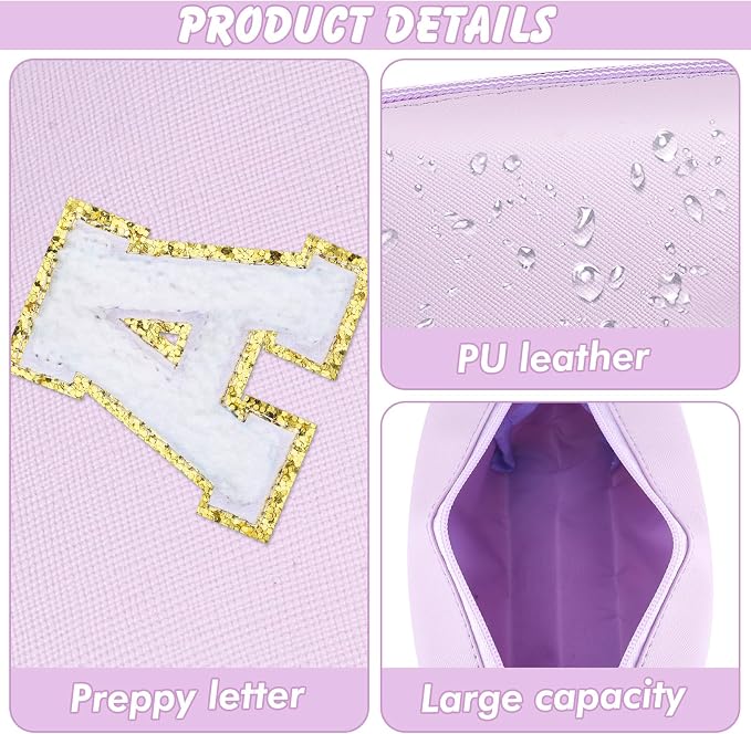 URSKYTOUS Gifts for Girls Initial Makeup Bag Personalized Cosmetic Bag with Zipper Cute Travel Toiletry Bag Waterproof PU Preppy Makeup Pouch Birthday Gift for Teen Girls Women(Purple A)