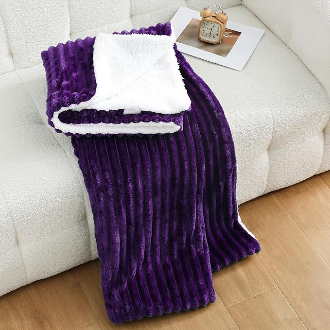 Purple Sherpa Fleece Throw Blanket 60”×80”for Couch Sofa Bed | Double Side Soft Fuzzy Cozy Plush Thick Flannel Blanket with Striped Design Gift for Adults,Woman