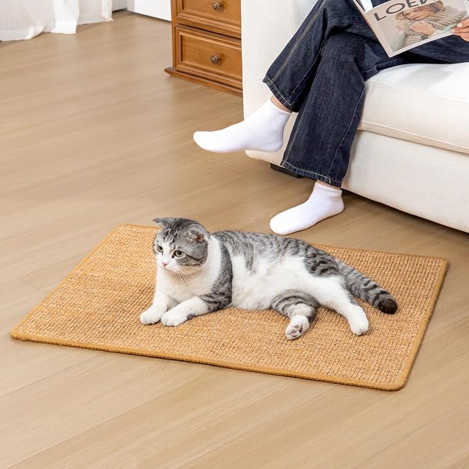 Conlun Cat Scratching Pad, 23.6x31.5in Sisal Mat Couch Protector | Indoor Cat Scratcher Mat, Mess-free, Anti-slip Backing, Hook&Loop Tape for Furniture Door Wall, Brown
