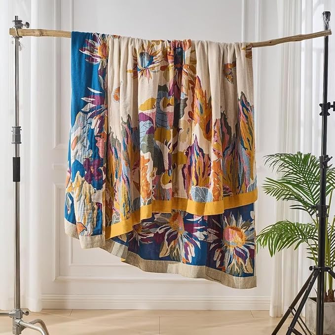 Boho Throw Blanket Farmhouse Decor Throw Blanket Bohemian Blanket for Bed 100% Cotton Muslin Woven Couch Blanket All Seasons Quilt Bedroom (D-Yellow, 50"x60")