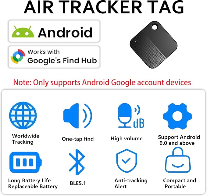 KEENSENSE Bluetooth Tracker Tag Accurate Positioning, One-Tap Item Finding | Works with Android 9+ Replaceable battery 1-year battery life IP67 dust/water resistant Tracks keys wallet luggage and pets