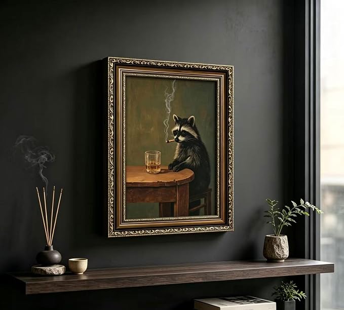 Vintage Gold Framed Smoking Raccoon Wall Art, Moody Dark Funny Animal Whiskey Cigar Canvas Print, Humor Funny Raccoon Wall Decor, Retro Bar Cart Poster Artwork, for Study Office Bar Decor, 16x24in