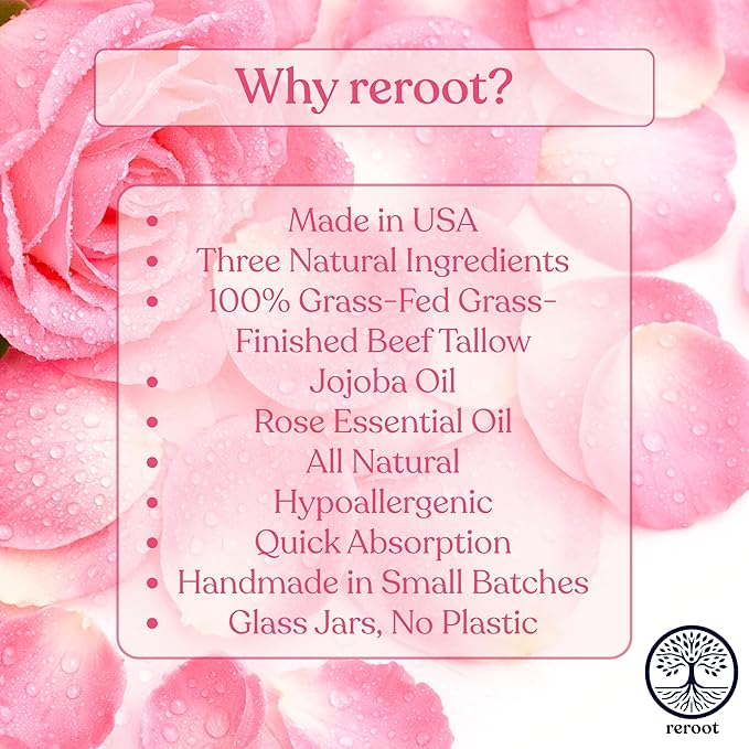 Beef Tallow Balm for Skin | ROSE TALLOW BALM | 3 Ingredients - 100% Grass Fed Tallow, Jojoba Oil, Rose Oil | Whole Body & Face Moisturizer | Whipped | Aging Skin & Eczema (2oz) (2oz, Rose)