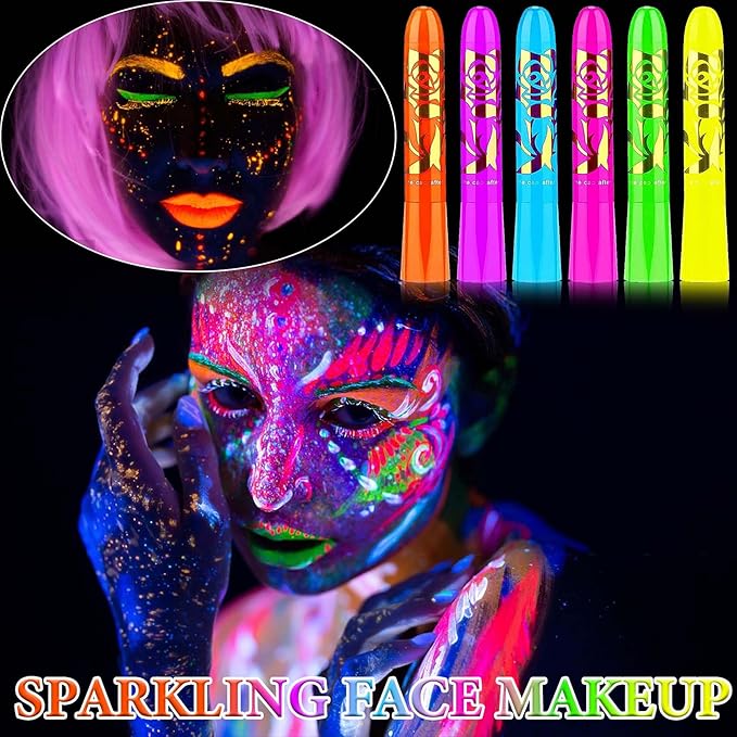 6 PCS Glow in The Dark Face Body Paint Crayons Kit,Professional Neon Face Paint Sticks Long Lasting Waterproof Glow in The Dark Party Supplies for Masquerades Halloween Party Makeup